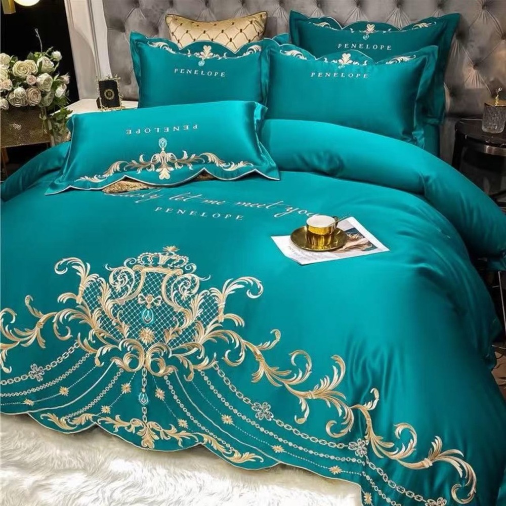 Teal and Gold Embroidered Bedding Set